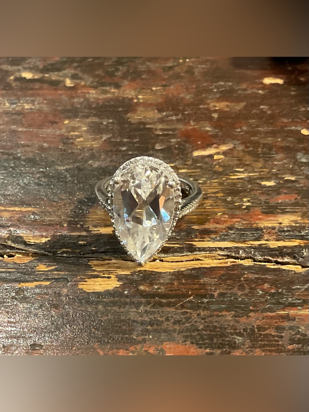 HUGE! Sterling Silver Teardrop Halo Engagement Ring in Clear